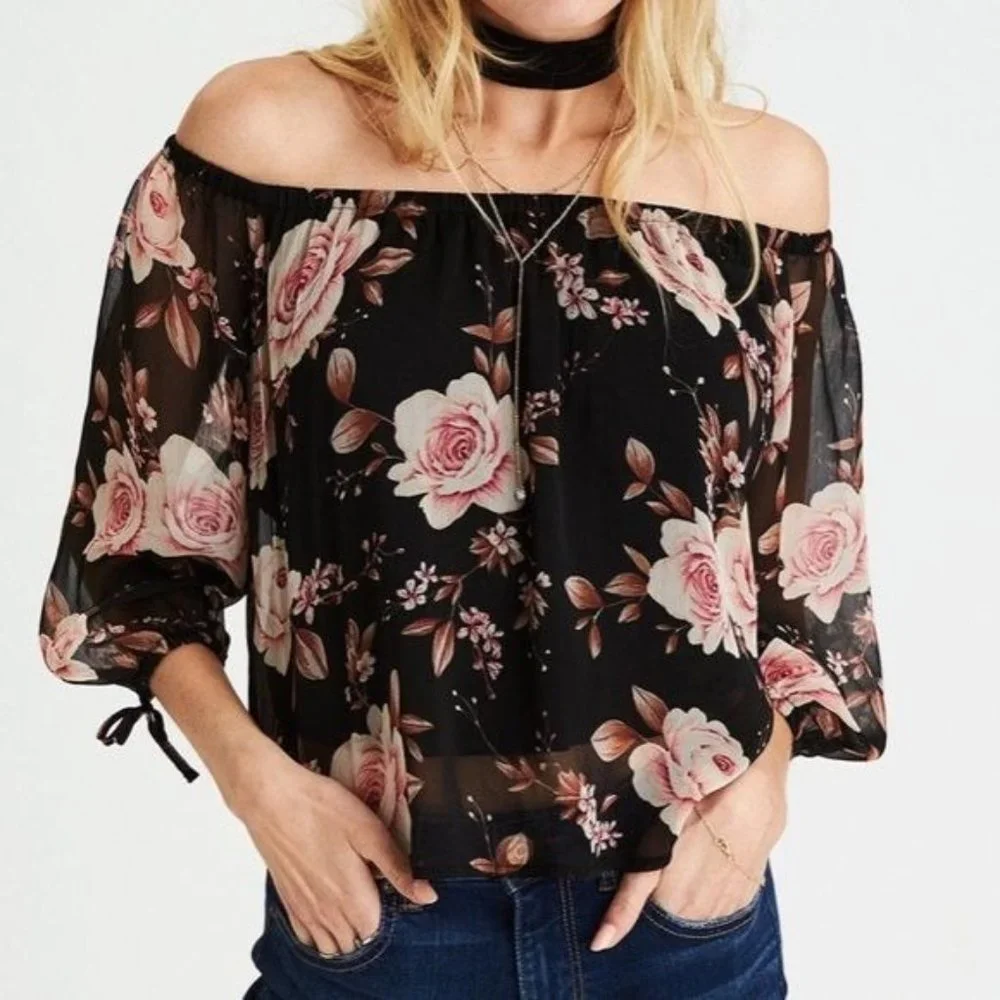 American Eagle Medium Floral and Chiffon Off the shoulder long sleeve crop top - Picture 1 of 5